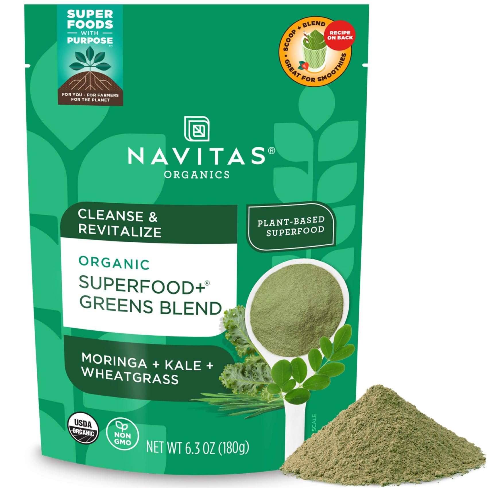 Navitas Organics Superfood+ Greens Blend for Detox Support (Moringa + Kale + Wheatgrass), 6.3oz Bag, 30 Servings — Organic, Non-GMO, Vegan, Gluten-Free, Keto & Paleo.…
