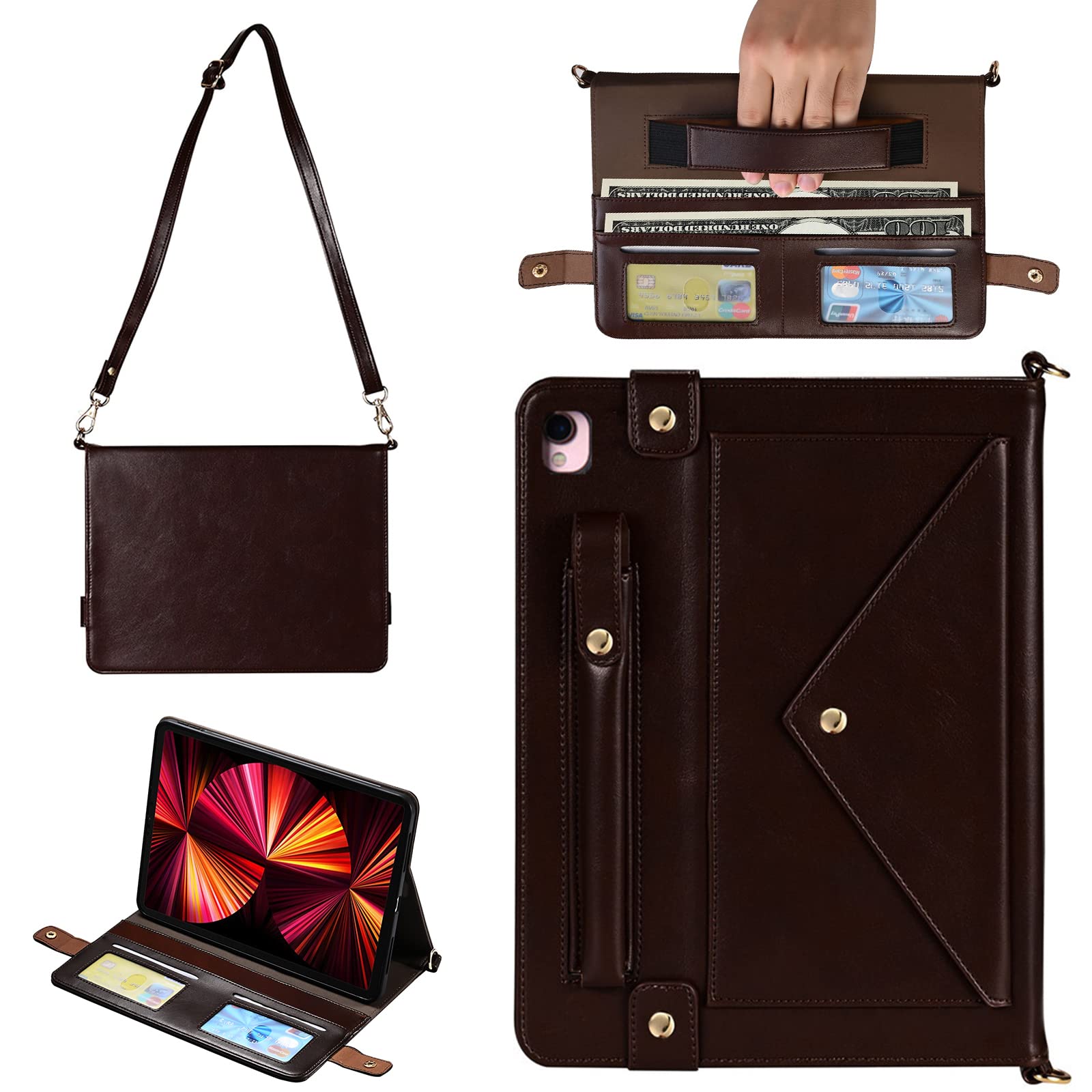 Photo 1 of Handbag Case for iPad Pro 10.5/iPad Air 10.5"/iPad 10.2, Techcircle Folio Stand PU Leather Cover w/Hand Strap, Crossbody iPad Case with Pencil Holder Card Slots Envelope Pocket Wallet Case, Dark Brown