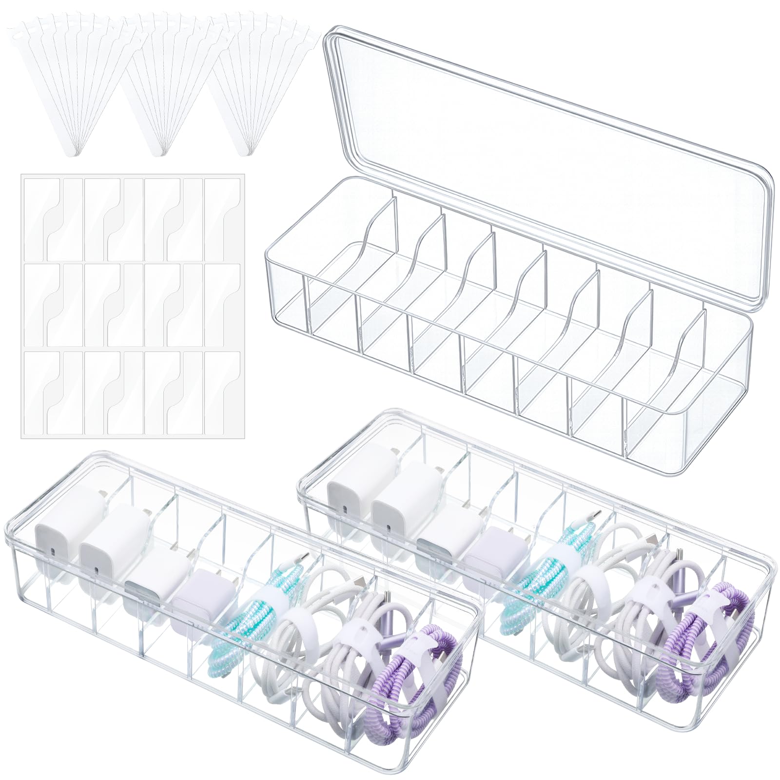 Photo 1 of 3 Pcs Cable Organizer Box with Lid, Clear Plastic Charger Organizer with 30 Cable Ties 8 Grids Multifunctional Cord Storage Box for Home, Office, Drawer, Desktop Organization (10.8 x 3.7 x 2.4 Inch)