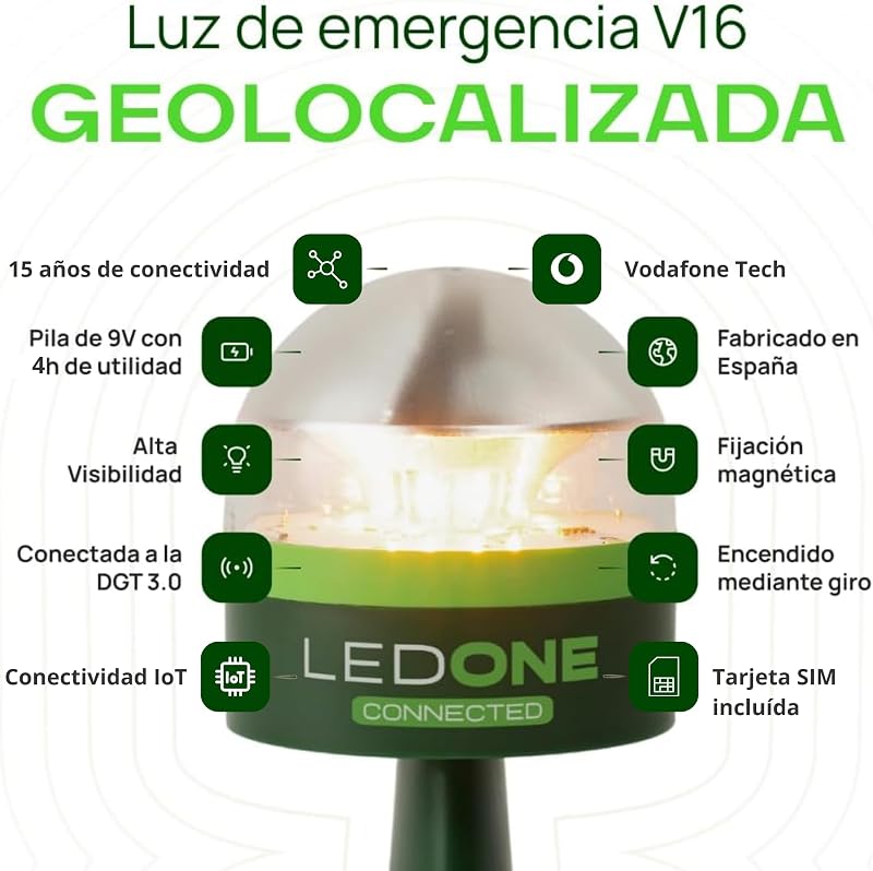 LEDONE - Baliza v16 Homologada DGT con Geolocalizador, Luz Emergencia Coche V16 Homologado DGT - eSIM y Datos Hasta 2038, Visibilidad 1km 360º - Fabricada en España