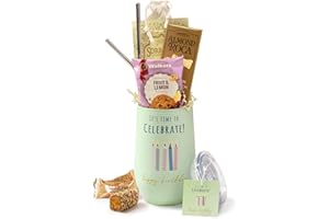 Broadway Basketeers Happy Birthday Chocolate and Sweets Gift Mug Large 16oz. Insulated Gift Mug Includes 3 Piece Set of Metal Straws Birthday gift for Mom Dad Friends