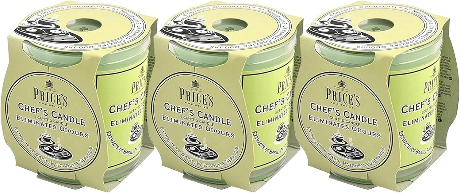 Price's Candles Set of 3 Jar Candles | Fresh Air Range Bundle with Up to 135 Hours Combined Burn Time | Odour Eliminator Candle Bundle Including (Chef's)