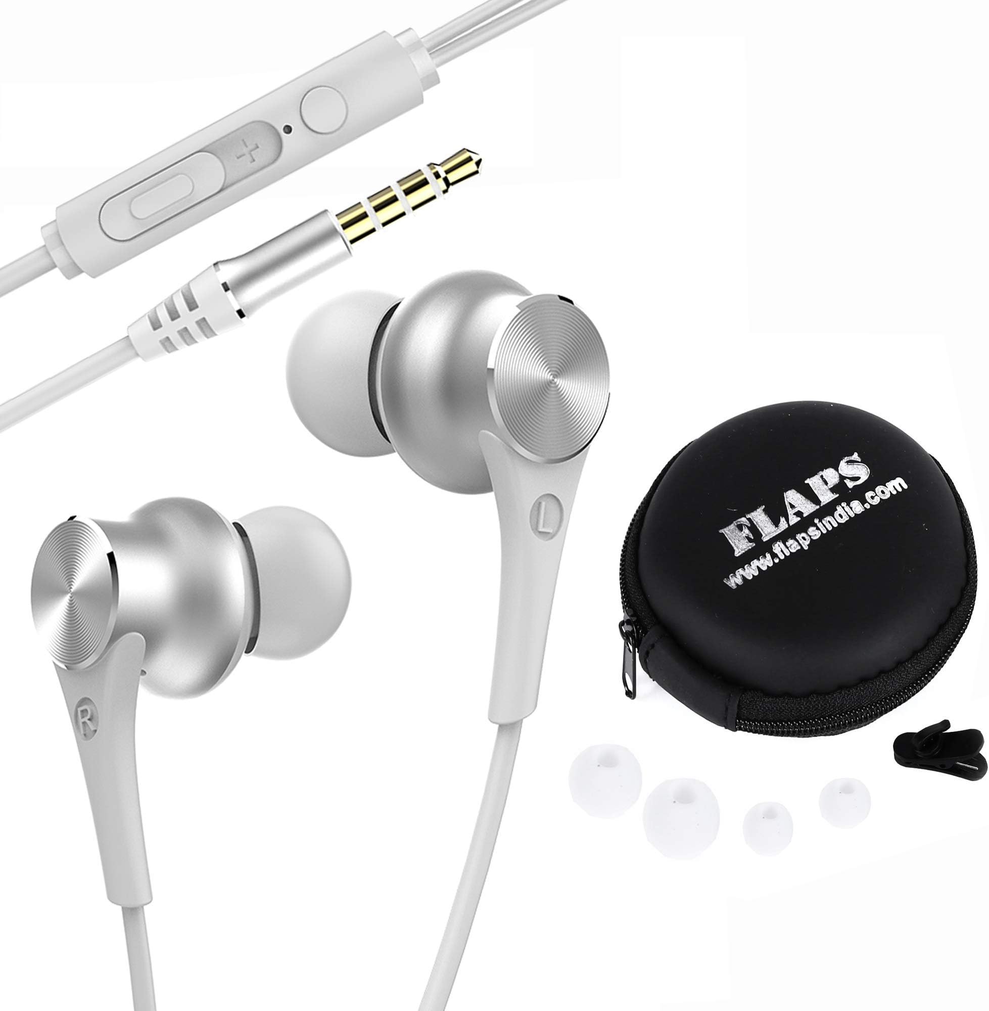 FLAPS India Metal Bass T-555 Noise Cancelling Wired Earphone with Ultra Deep Bass, Mic & Free Premium Carry Case (Silver)