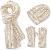 Villand 3 in 1 Womens Wool Hat Gloves & Scarf Winter Set, 3 Piece Cable Knitted Beanie Hat for Women with Gift Box