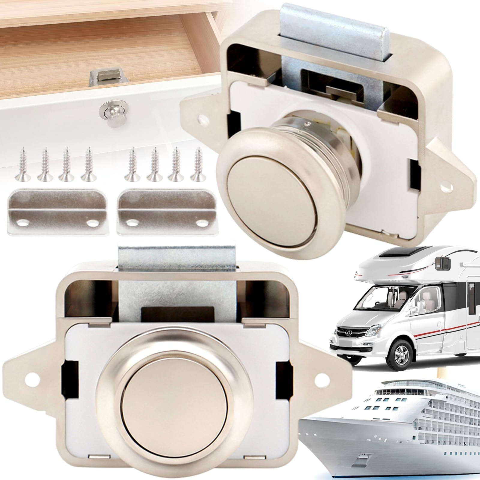 Benaton Pack of 2 Button Furniture Lock, 15-18 mm Push Button Lock, Push Lock Button Lock, Keyless Metal Push Button, Aluminium Alloy Push Lock Button Lock, Yacht/Cabinet (26 mm Hole)