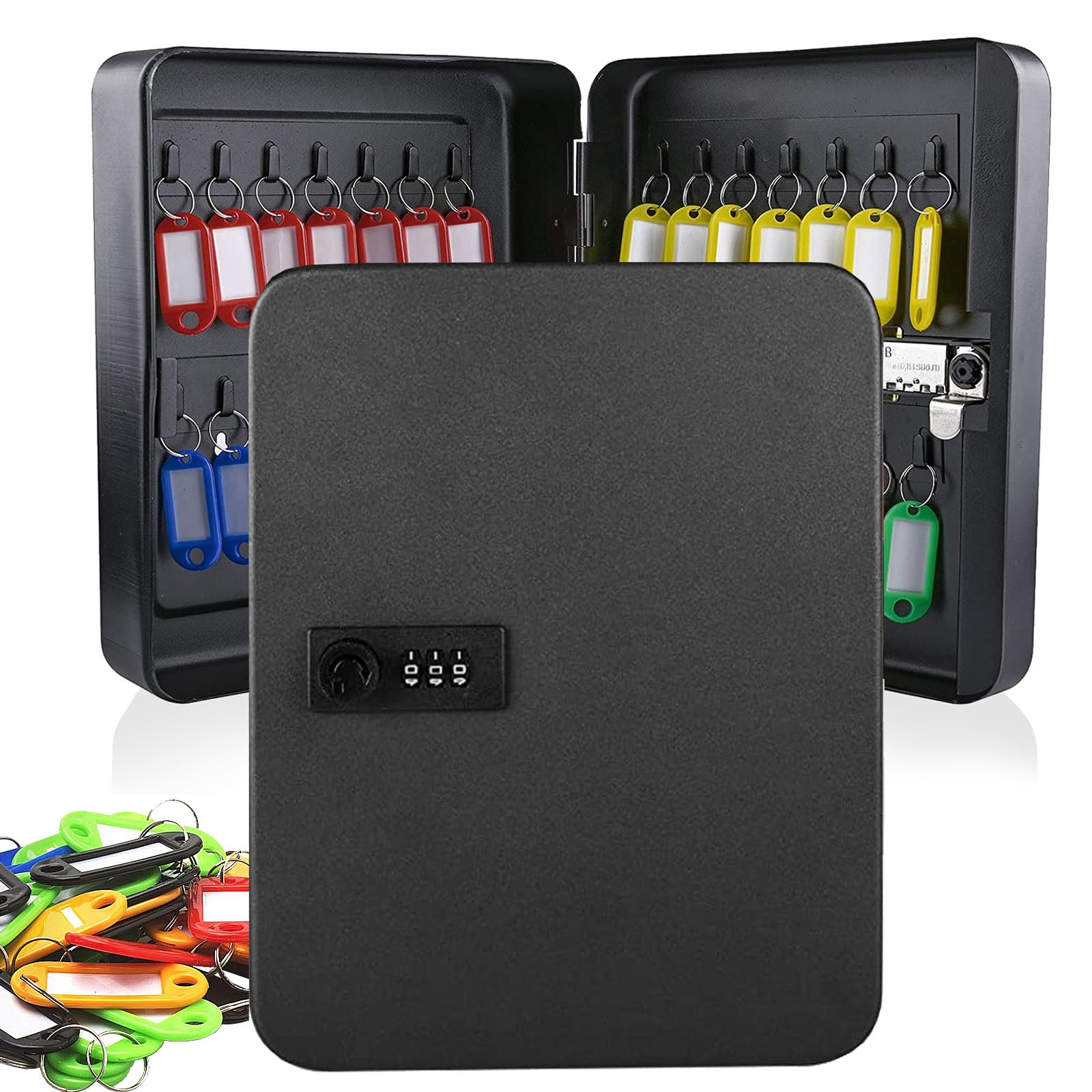 Combination Key Safe Box 28 Key Cabinet Wall Mounted Key Safe Storage for Outdoor, Steel Security Lock Box with 30 Key Tags, Keysafe Outside Organiser, for Indoor Outside Property Garage, Black