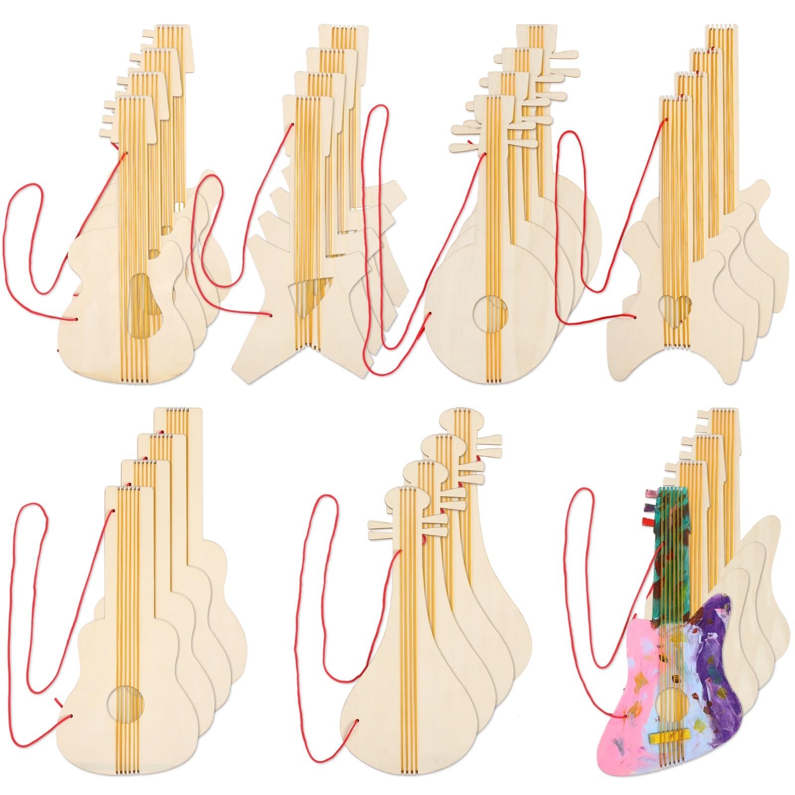 28 Pcs Unfinished Wood Cutouts, Blank Wooden Electric Guitar Slices for DIY, Unfinished Musical Instrument Embellisments, Wooden Guitar for Crafts Class, Theme Party