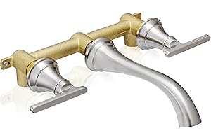 HOIGY Brass Wall Mount Tub Filler, High Flow 8" Spout Reach Brushed Nickel Bathtub Faucet, 2 Handles Tub Faucets, Rough in Valve Included