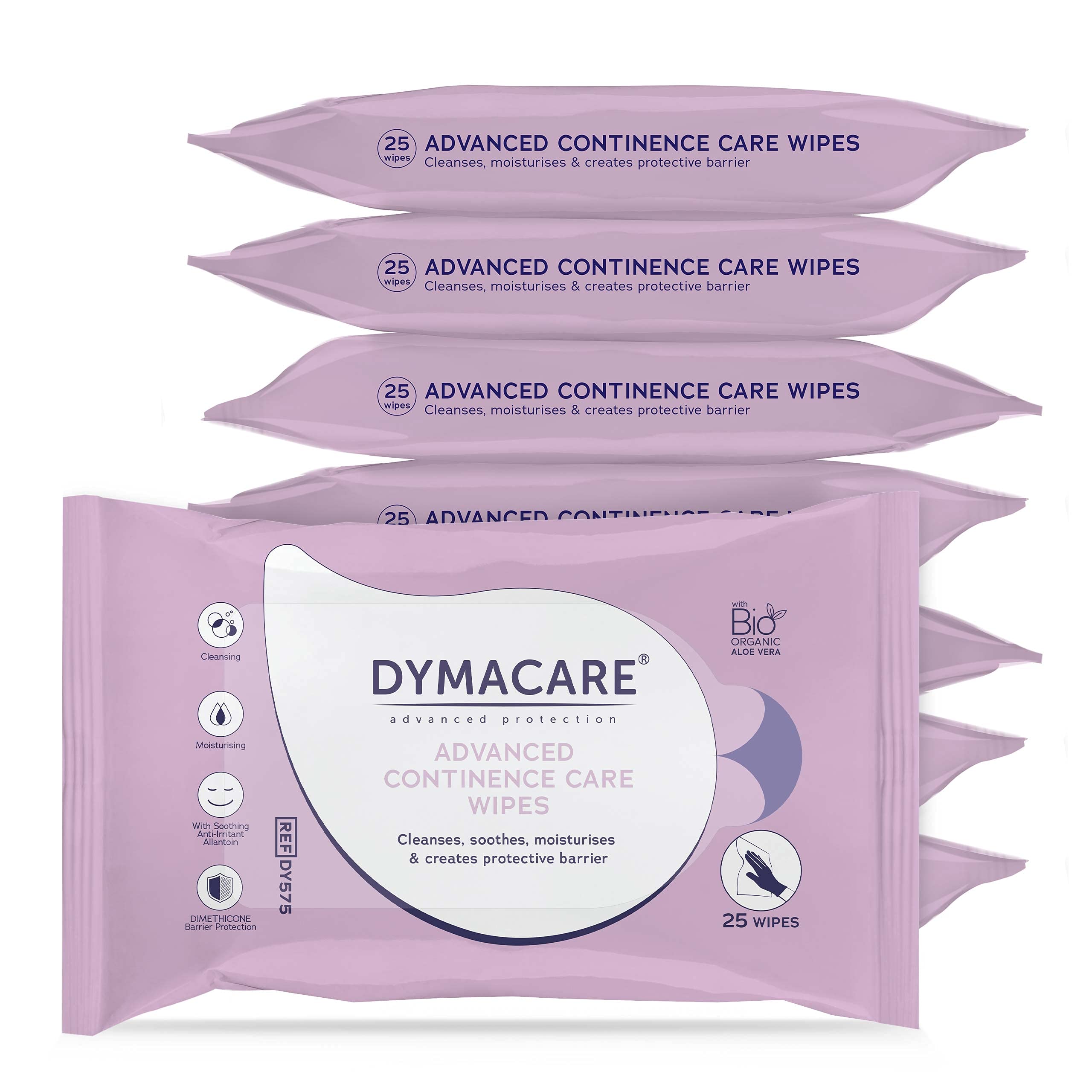 DYMACARE Advanced Continence Care Wipes | Adult Premium Disposable Incontinence Skin Cleansing Wet Wipes with Barrier Cream & Aloe Vera | 8 Packs (200 Wipes Total)