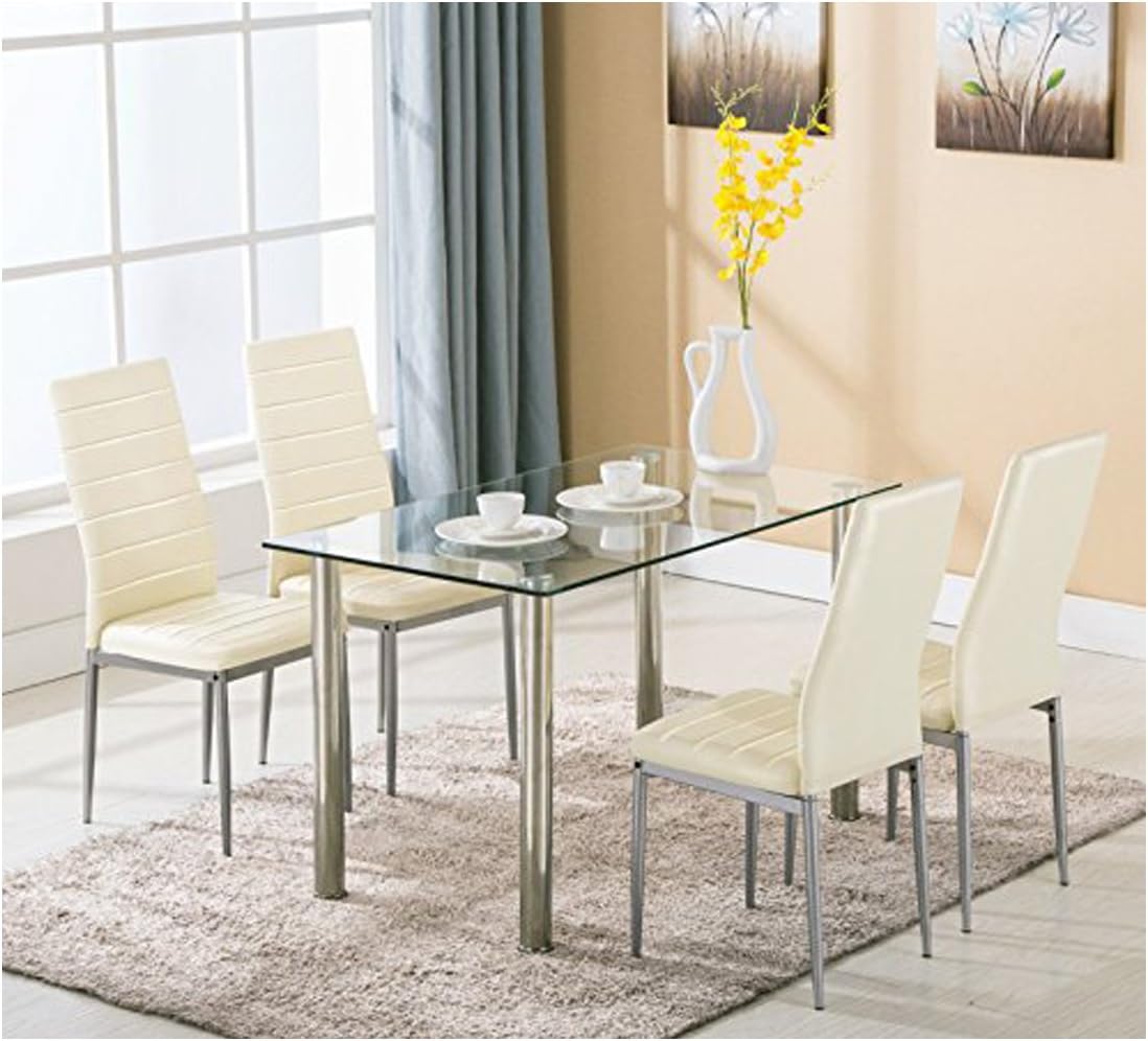 5 Piece Dining Table Set w/4 Chairs Glass Metal Kitchen Room Breakfast Furniture