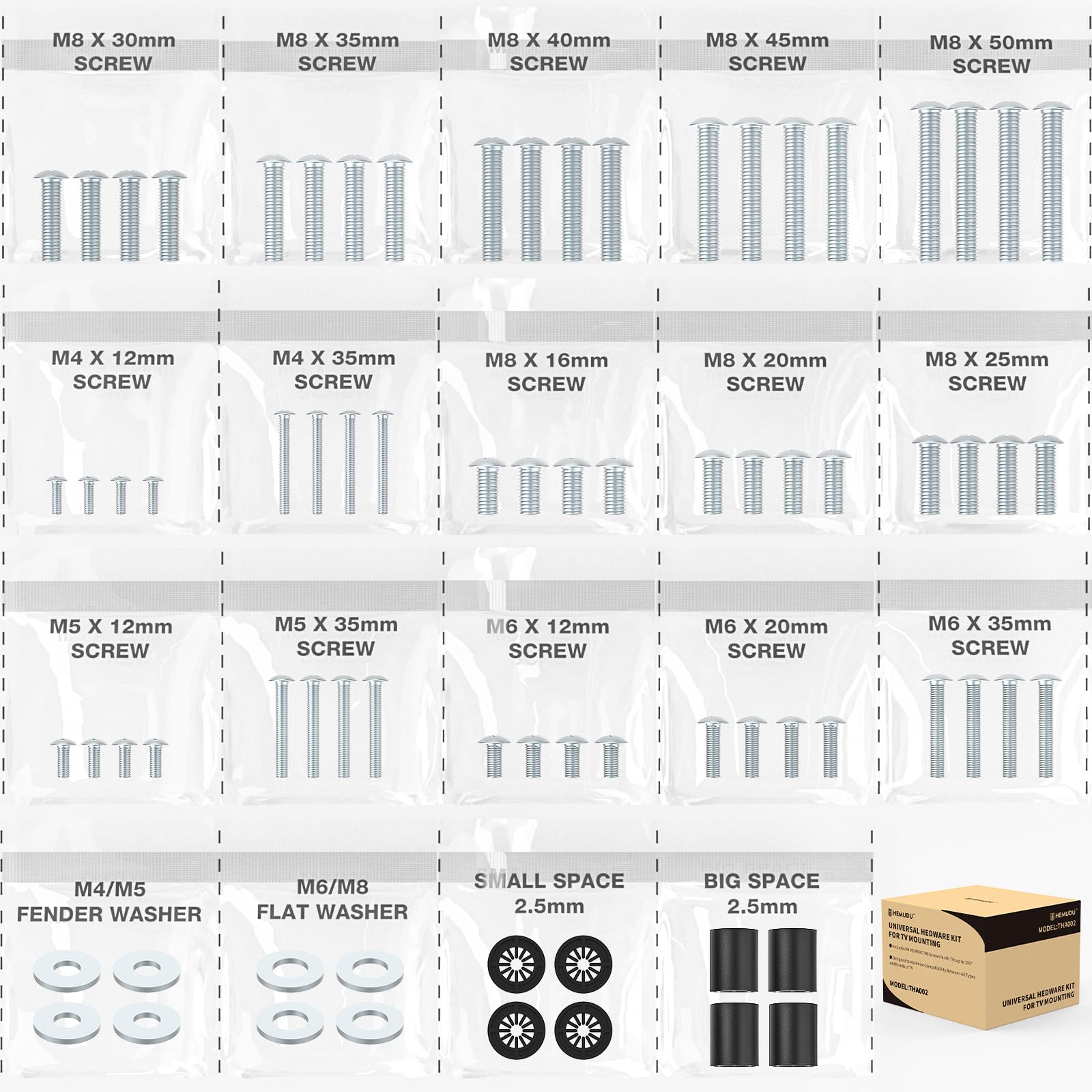 Universal TV Installation Hardware Kit Includes M4 M5 M6 M8 TV Sets Screws and Spacers for Most TVs Up to 80" HTA002