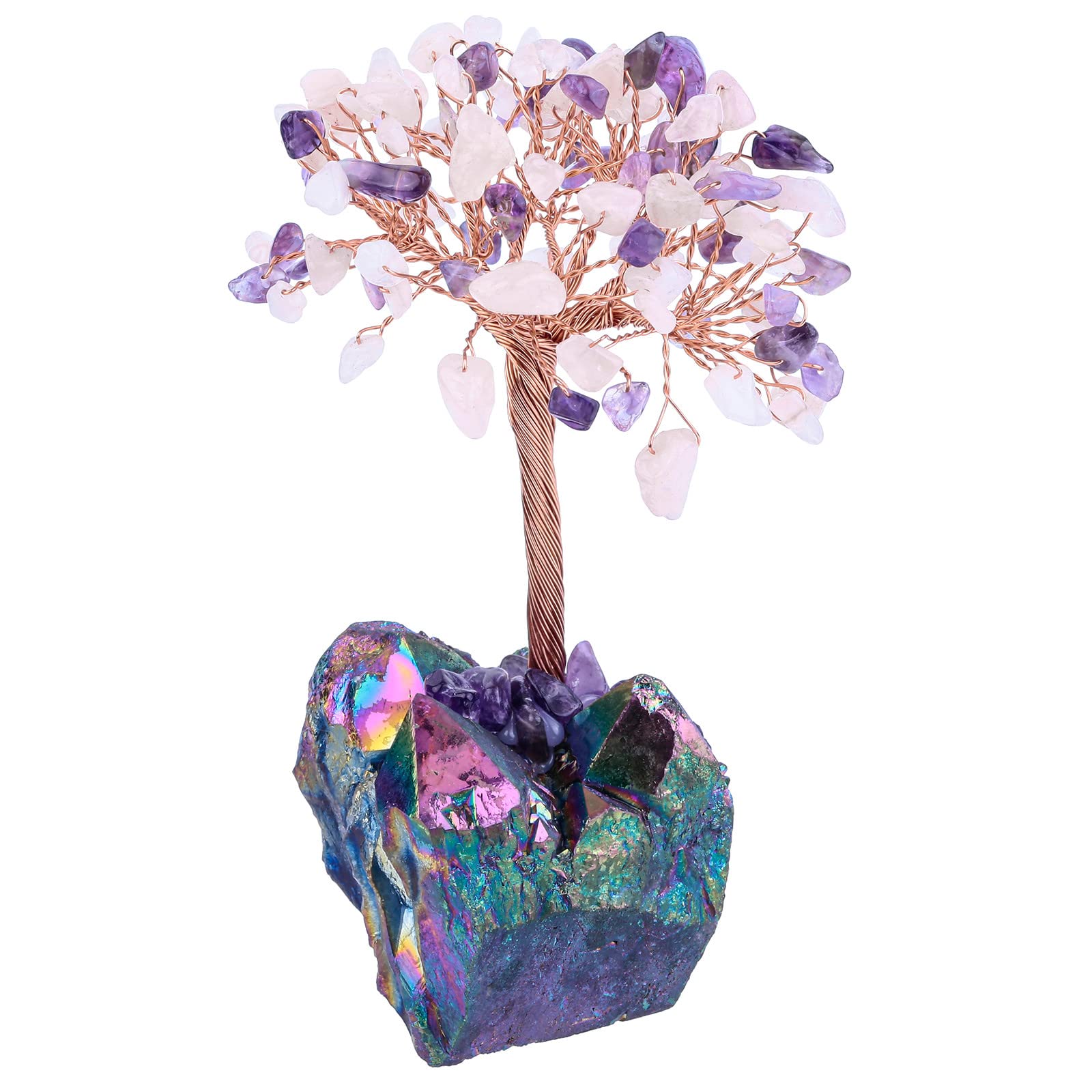 mookaitedecor Amethyst & Rose Quartz Crystal Money Tree with Titanium Rainbow Aura Quartz Cluster Base Colourful Room Decor, Bonsai Crystal Tree of Life Ornament Reiki Spiritual Good Luck Crystal Gift