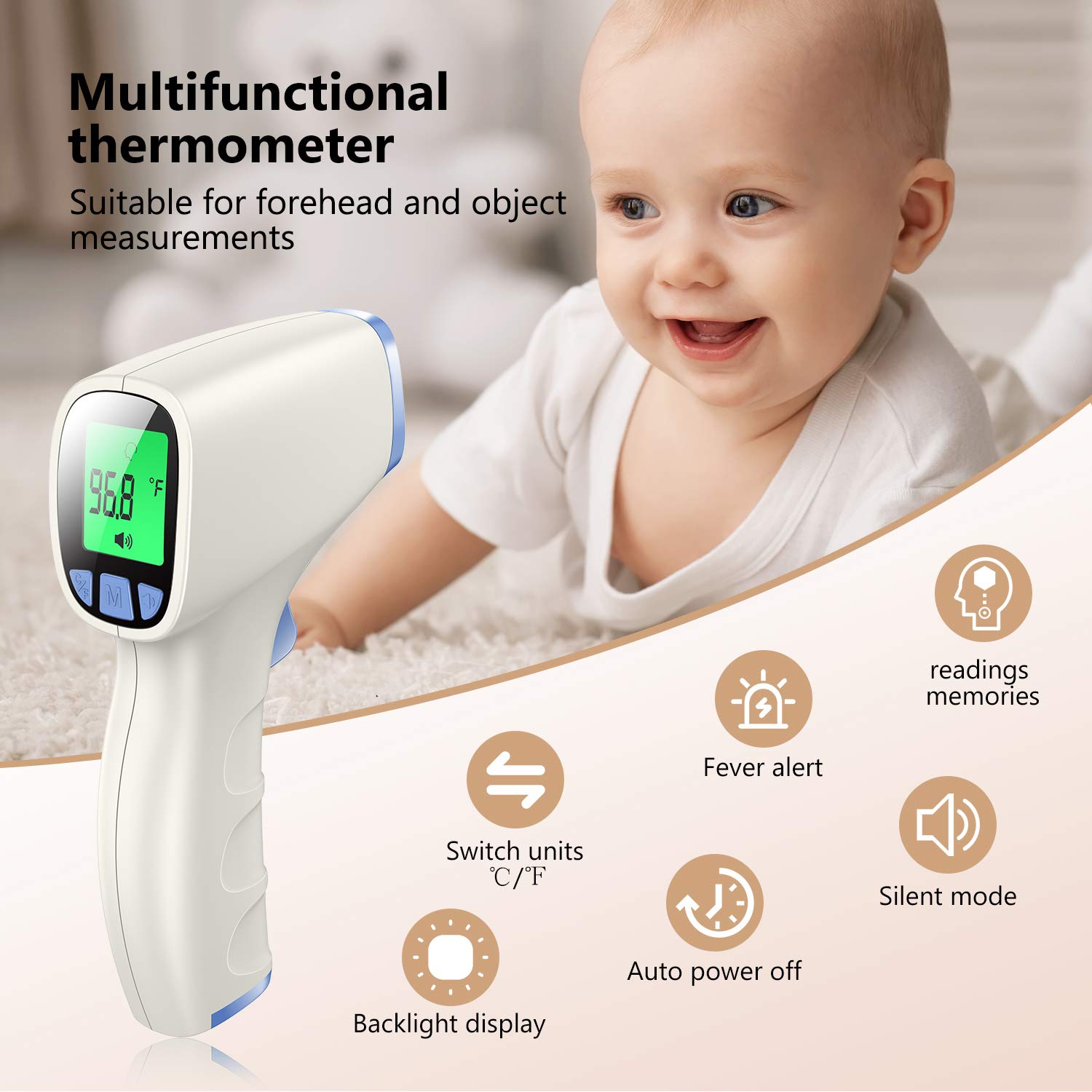 Forehead NonContact Digital Infrared Thermometer with Fever Alert