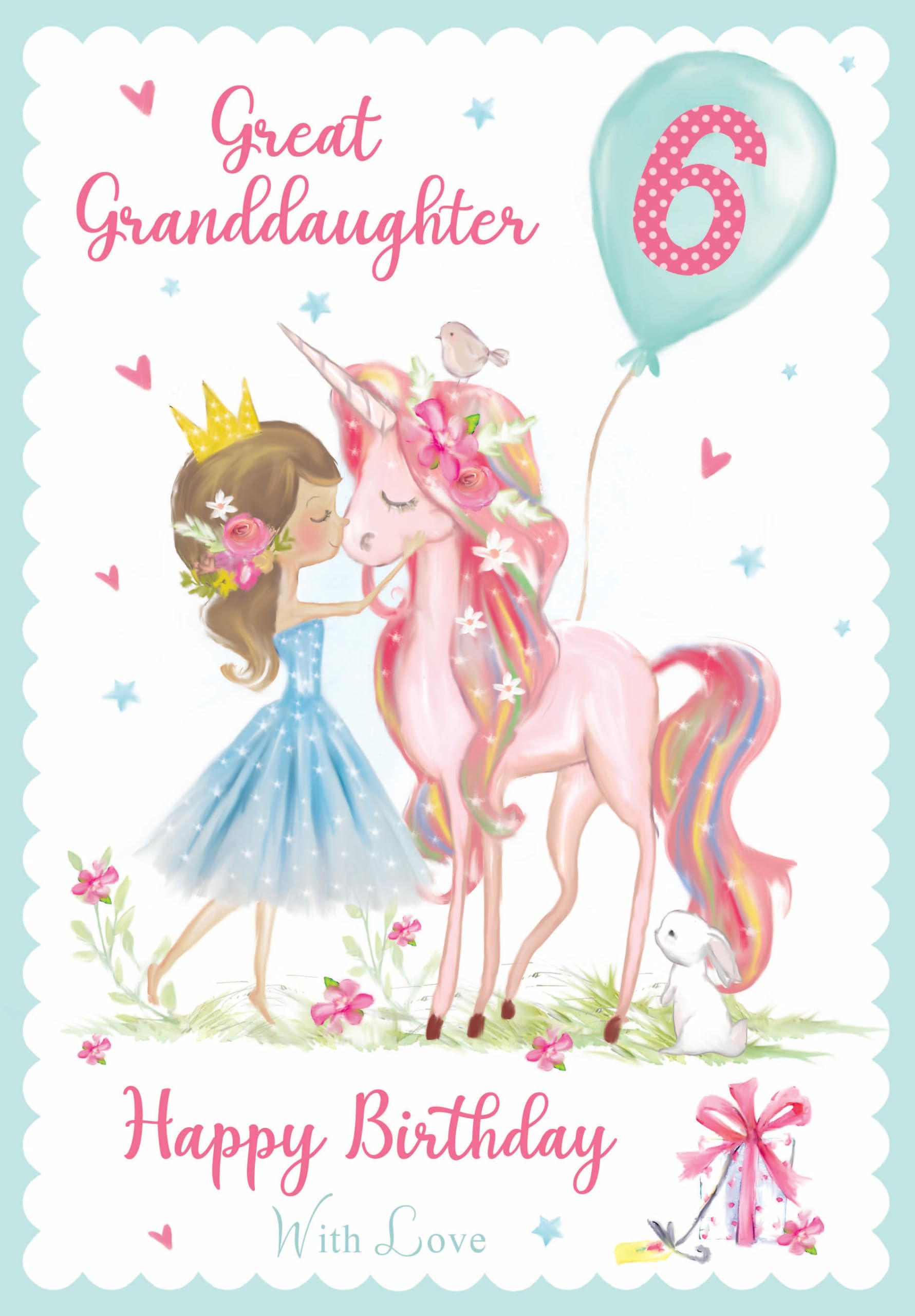 Paper Rose 6th Birthday Card for Great Granddaughter - Unicorn and Balloon Design- Age 6 Birthday Greeting Card with Envelope