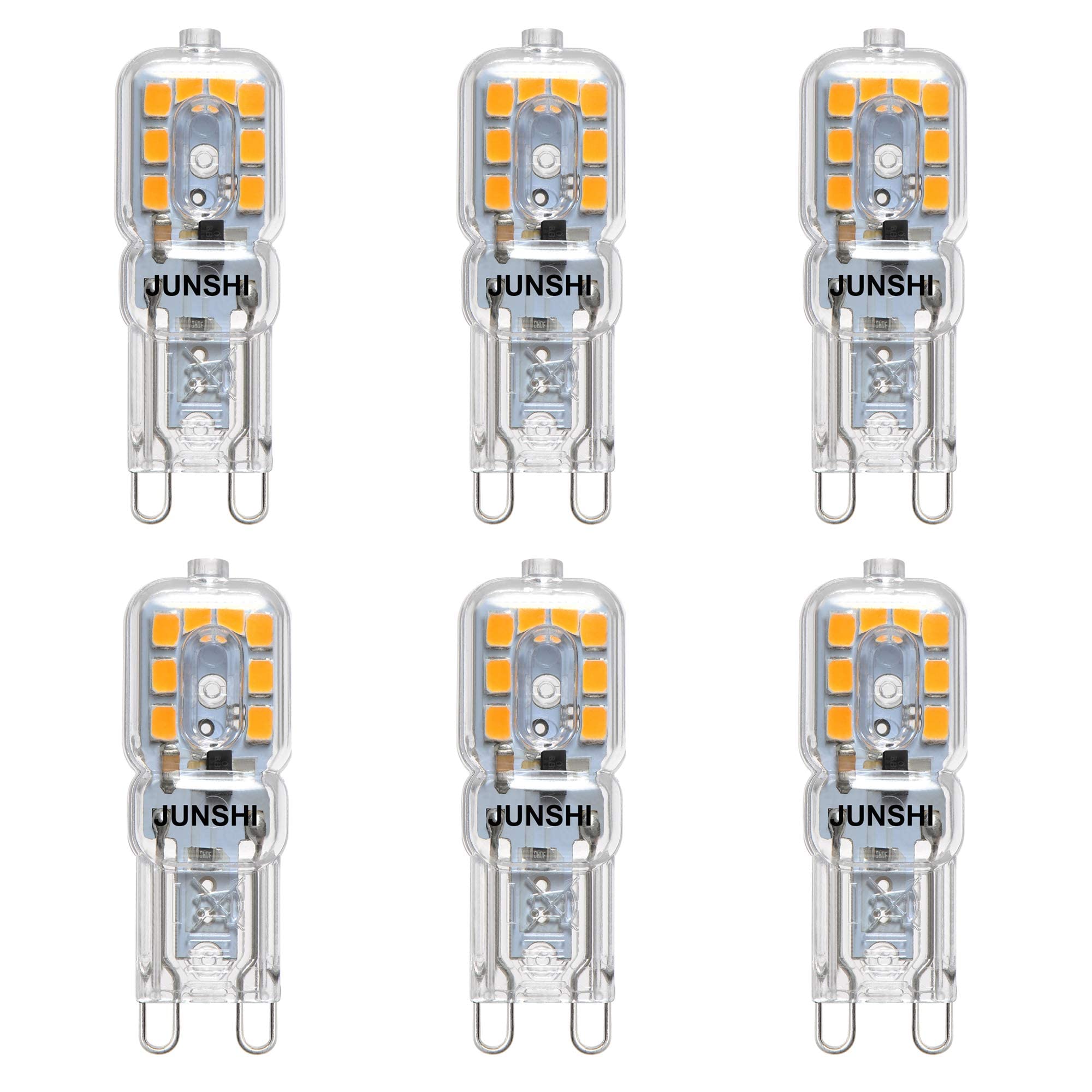 JUNSHI G9 LED Bulb,2.5W to 20W,3000K Warm White,220 Lumens,360° Beam Angle with Transparent Lens,AC220-240V LED Light Bulb,Non Dimmable,Pack of 6