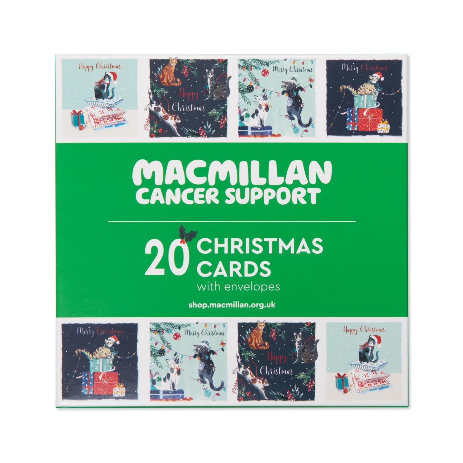 Macmillan Festive Cats Charity Christmas Cards – Pack of 20 Luxury and Eco-Friendly Christmas Cards. Boxed Multipack of 4 Seasonal Christmas Designs. 127x127mm Card Size.