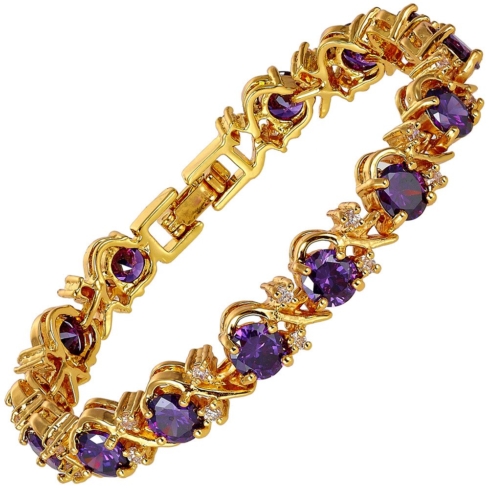 RIZILIA BLOSSOM Tennis Bracelet [18cm/7inch] with Round Cut Gemstones CZ [Purple Amethyst] in 18K Yellow Gold Plated, Simple Modern Elegance