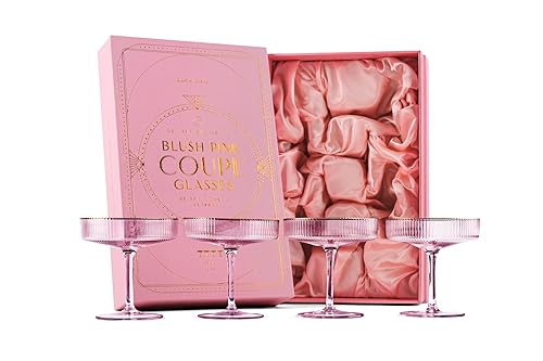GLASSIQUE CADEAU Vintage Art Deco Blush Pink Coupe Glasses with Gold Rims | Set of 4 | 7 oz Crystal Ribbed Cocktail Glassware for Drinking Champagne, Martini, Cosmopolitan | Girly Speakeasy Saucers