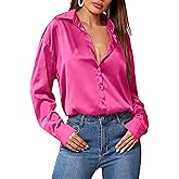 Zeagoo Women Satin Button Down Shirt Long Sleeve Tops Silk Blouse V Neck Dressy Casual Loose Work Office Blouse Tunic Fall