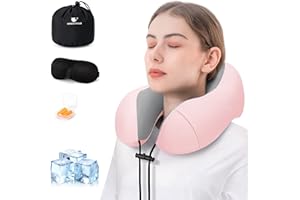 urnexttour Travel Pillow for Airplane Memory Foam Neck Pillow, Soft & Support Travel Pillow for Travelling with Eye Mask, Earplugs and Storage Bag, Sleeping Rest, Car, Train and Home Use Cooling, Pink