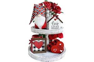 CRCZK Valentine's Day Tiered Tray Decor 5 Pcs Set with 1 Black and White Buffalo Check Gnome Plush 4 Wooden Signs Farmhouse Kitchen Decor for Red Valentine's Day and New Year's Day Decoration