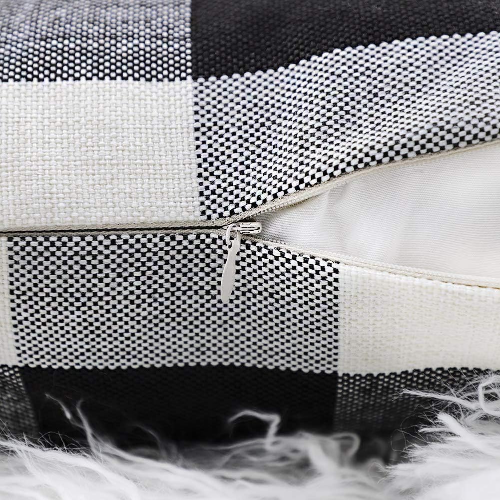 4TH Emotion Set of 2 Farmhouse Buffalo Check Plaid Throw Pillow Covers Cushion Case Cotton Linen for Fall Home Decor Black and White, 18 x 18 Inches: Home & Kitchen
