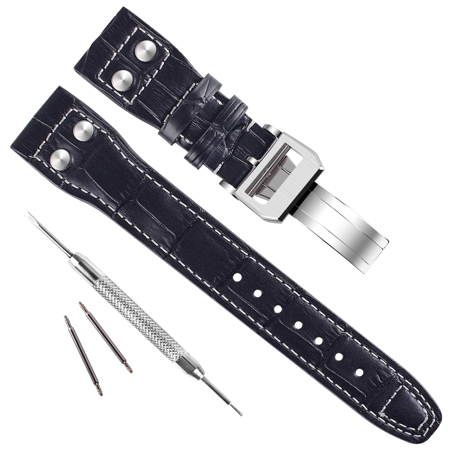 GreenOlive 22mm Genuine Leather Watch Band fit for IWC Pilot's Watchs (Silver ButterflyBuckle/Black)