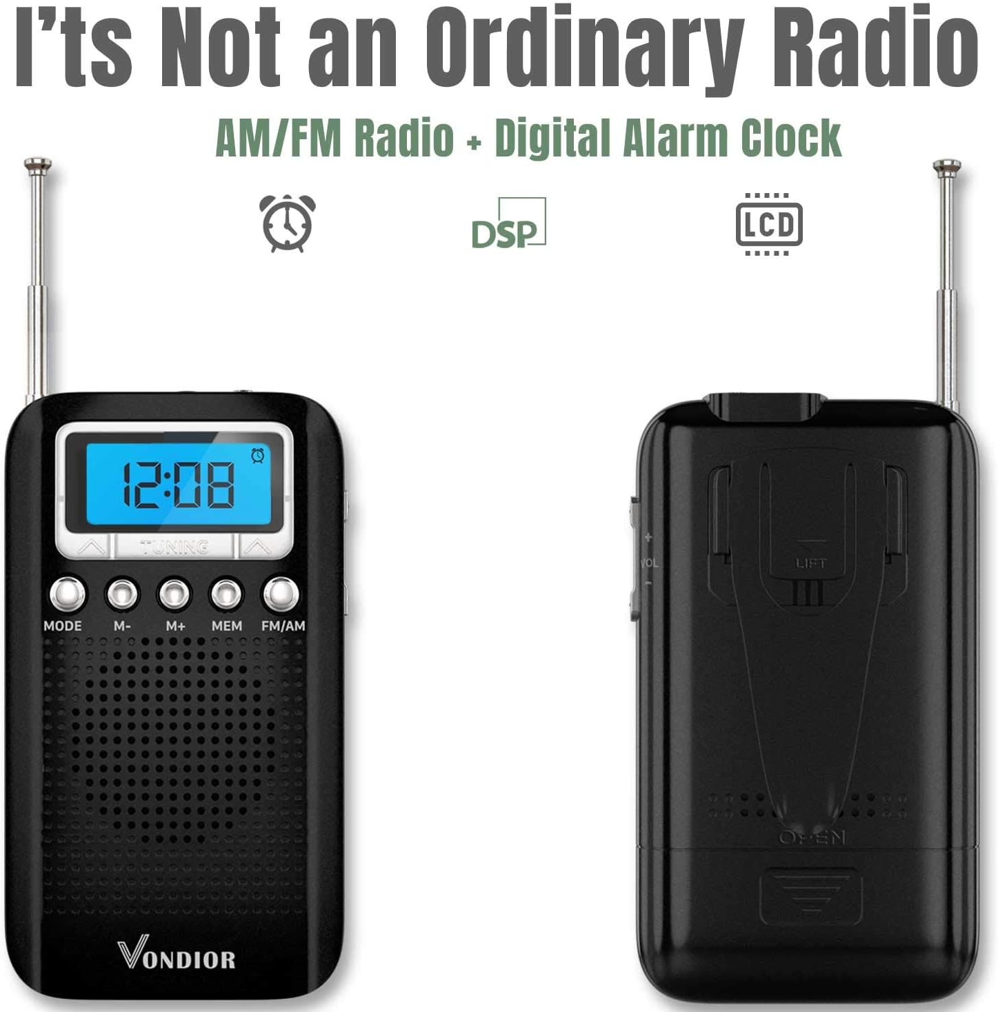 Digital AM FM Portable Pocket Radio with Alarm Clock- Best Reception and Longest Lasting. AM FM Compact Radio Player Operated by 2 AAA Battery, Stereo Headphone Socket (Silver), by Vondior: Electronics