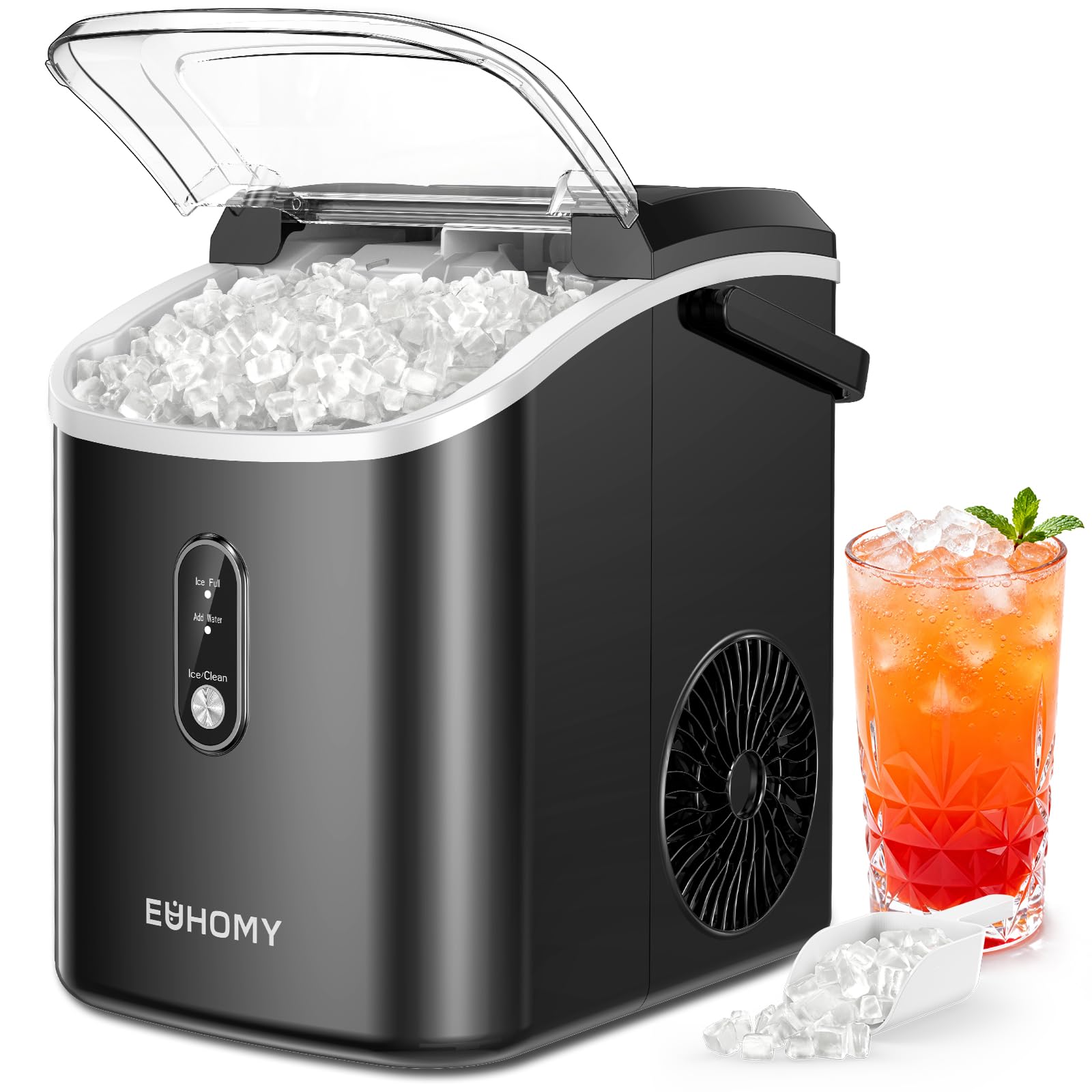 EUHOMY Nugget Ice Maker Countertop with Handle, Ready in 6 Mins, 34lbs Per Day, Removable Top Cover, Auto-Cleaning, Portable Sonic Ice Maker with Basket and Scoop, for Home/Party/RV/Camping (Black)