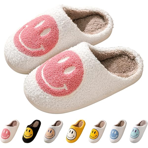 Women's Retro Lightning Bolt Smile Face Plush House Slippers - Warm & Cozy