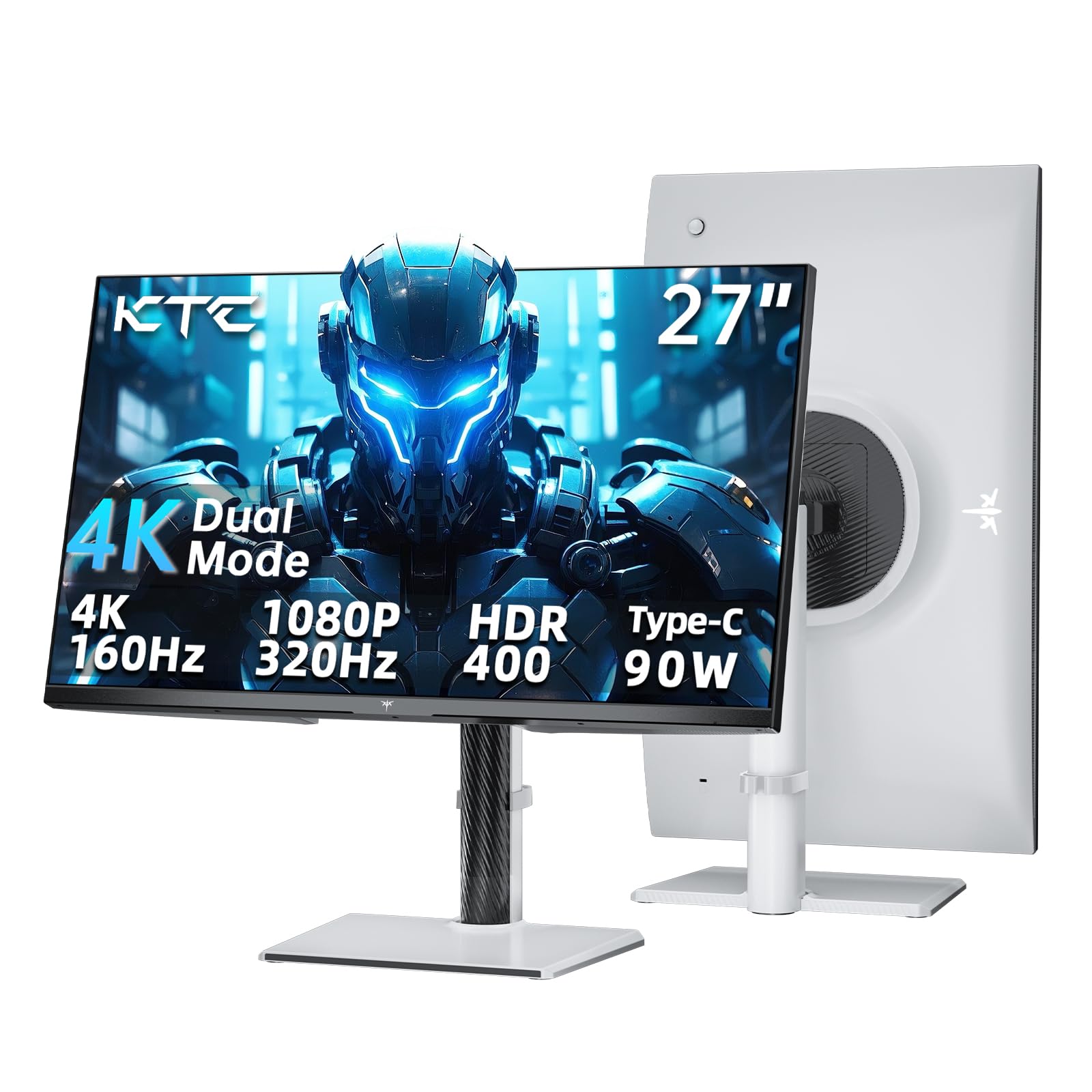 KTC 27 Inch Gaming Monitor 4K, Dual Mode UHD 160Hz & FHD 320Hz, PD 90W Type-C, HDR 400, Fast IPS, 125% sRGB, Adaptive Sync, HDMI 2.1&DP 1.4, Eye Care, Tilt/Swivel/Pivot/Height Adjustment, VESA, H27P6 Image