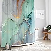 Gibelle Abstract Marble Shower Curtain, Blue Green Purple Jade Texture Gold Stripes Ombre Watercolor Paint, Modern Ink Art Decor Waterproof Fabric Curtain for Bathroom Set, 71x71
