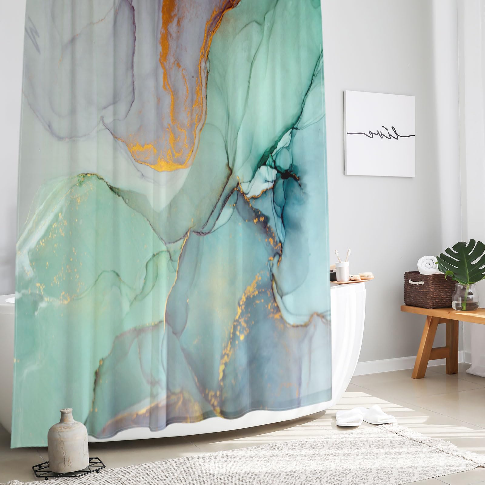 Photo 1 of Gibelle Long Fabric Shower Curtain 72 x 78, Tall Abstract Marble Shower Curtains for Bathroom, Blue Green Purple Jade Texture Gold Stripes Ombre Ink Art Decor Bathroom Curtains Shower Set with Hooks
