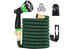 QXIAOFEI 75 ft Expandable Garden Hose - Kink Free Flexible Water Hose with Thumb-Controlled 10-Function Nozzle, 3/4 Solid Brass Connectors, Retractable Latex Core - Lightweight Expanding Hose