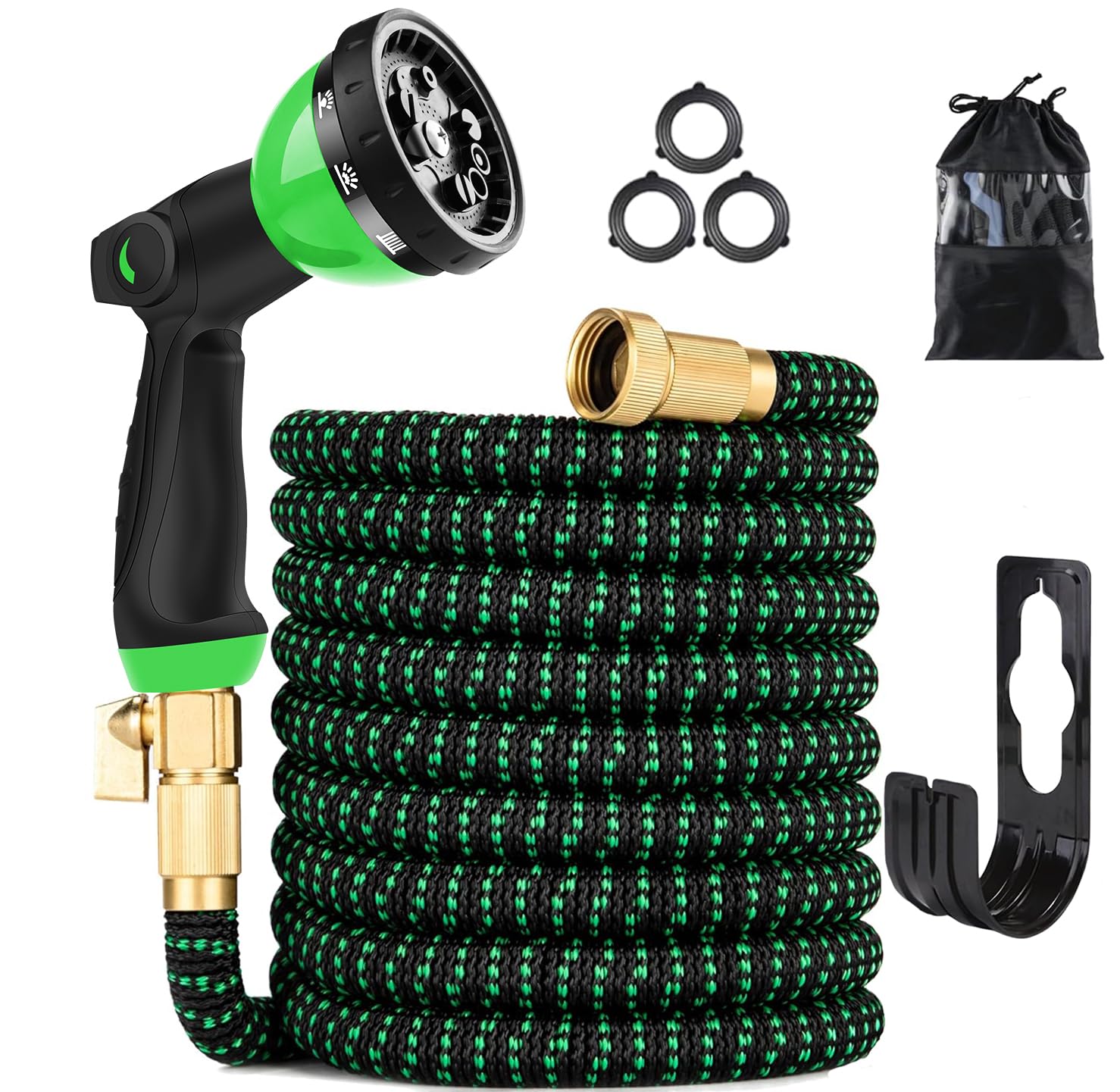 Photo 1 of 100 ft Expandable Garden Hose - Kink Free Flexible Water Hose with Thumb-Controlled 10-Function Nozzle, 3/4 Solid Brass Connectors, Retractable Latex Core - Lightweight Expanding Hose