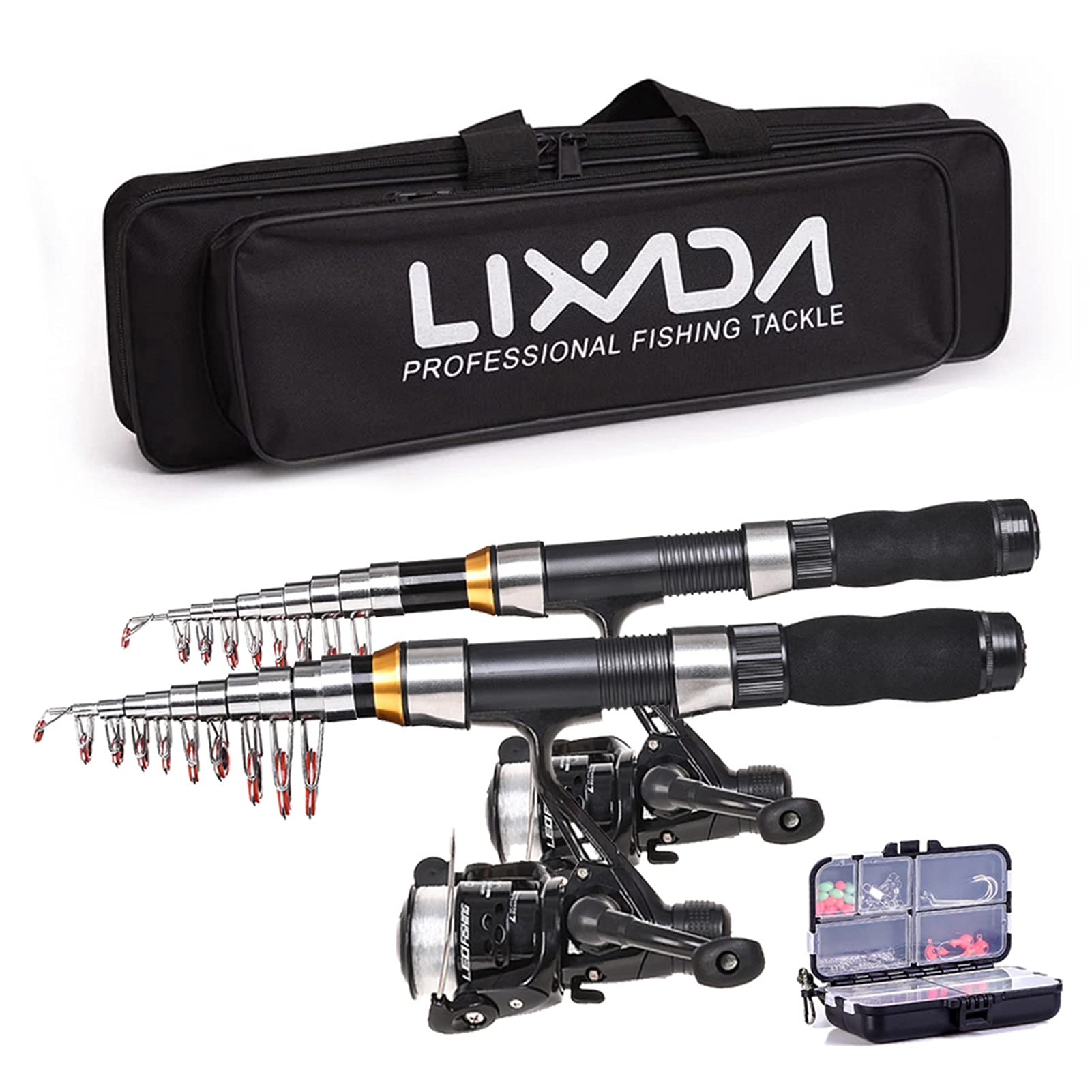 Lixada Fishing Rod Reel Combo Full Kit with 2.1m 2.3m Telescopic Fishing Rods 2PCS Spinning Reels Set with Hooks Soft Lures Barrel Swivels Storage Bag