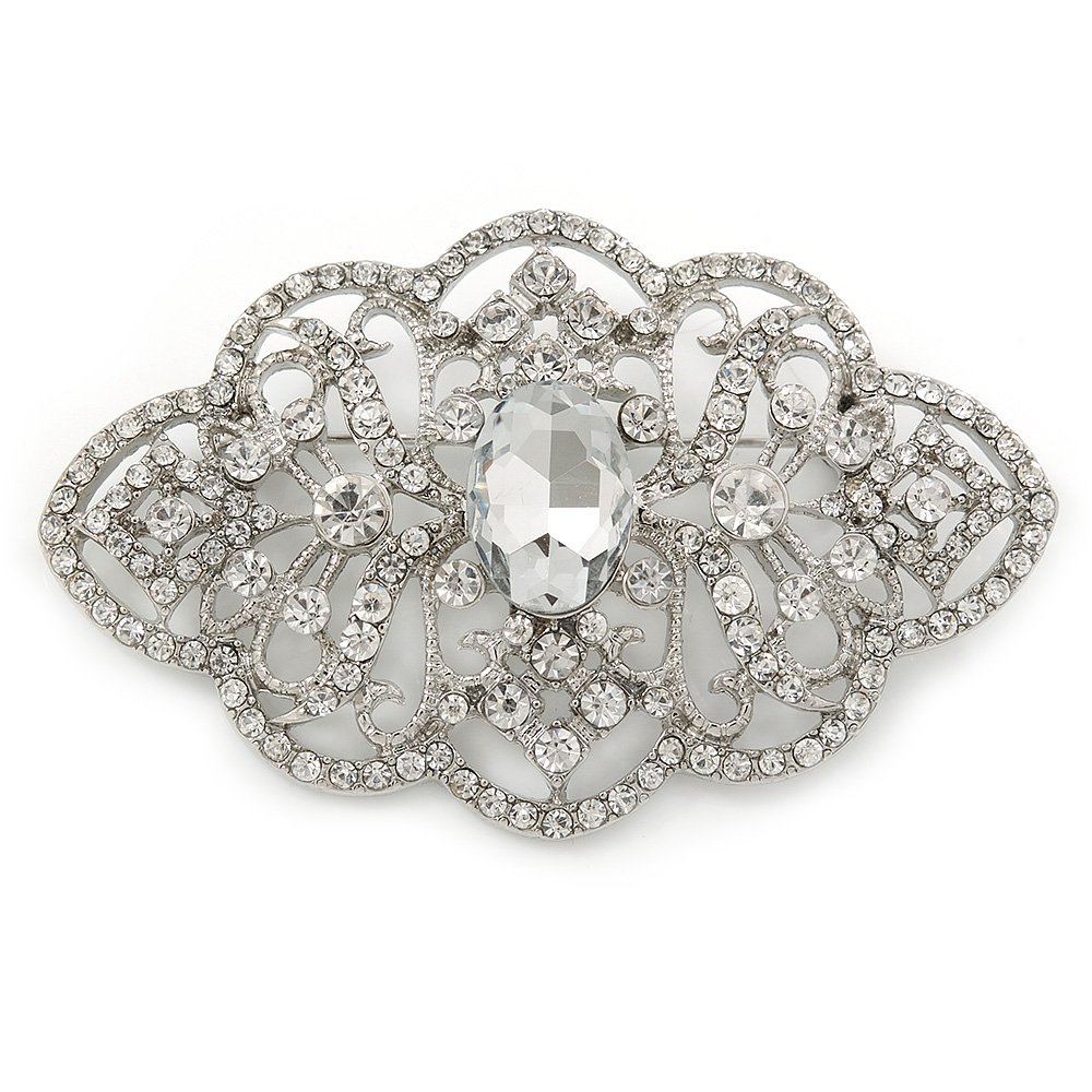 Bridal/Wedding/Prom Art Deco Clear Austrian Brooch In Rhodium Plating - 63mm L