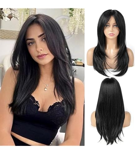 Amazon.com : 7JHH WIGS Long Layered Natural Black Wig with  display picture 1