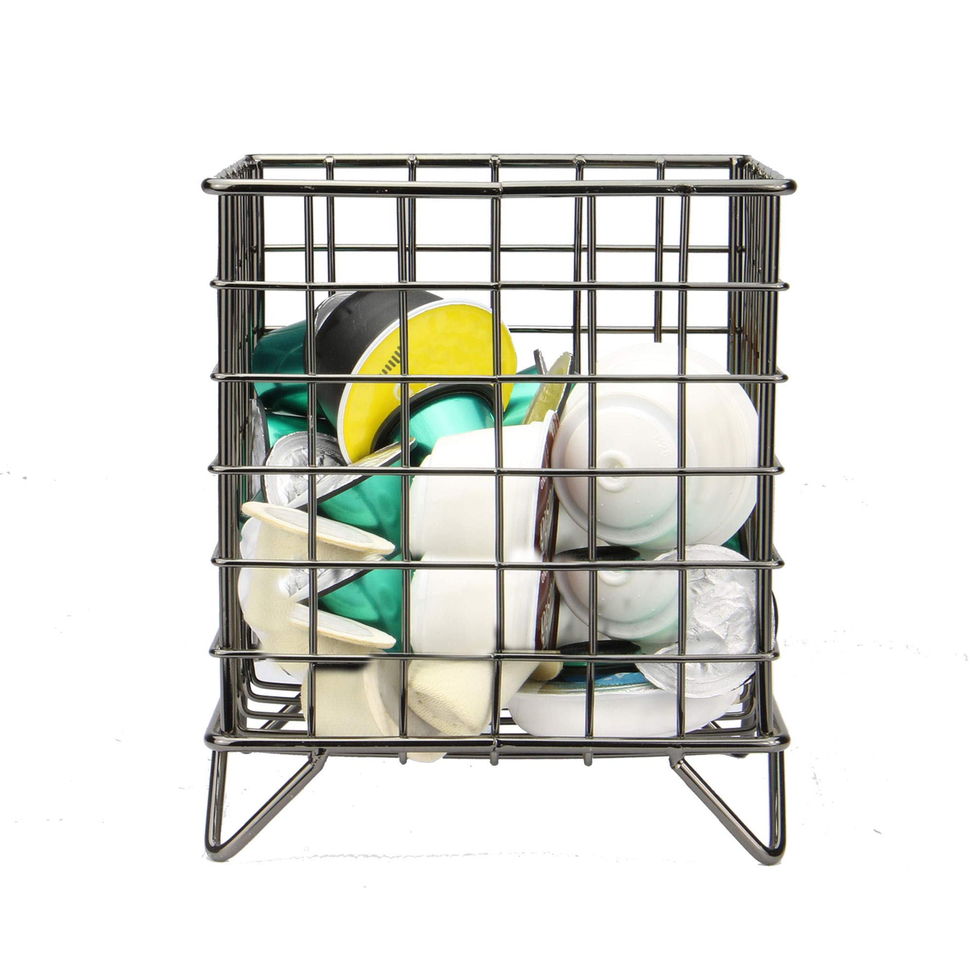 Coffee Pod Cage Holder | Compatible with Nespresso & Tassimo | Metal Wire Basket | Capsule Storage | Geometric Decor | M&W (Black)