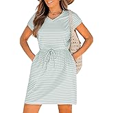 Benfoly Summer Dresses for Women Casual Short Sleeve Drawstring Waist Striped Dress Beach Mini T-Shirt Dress with Pockets