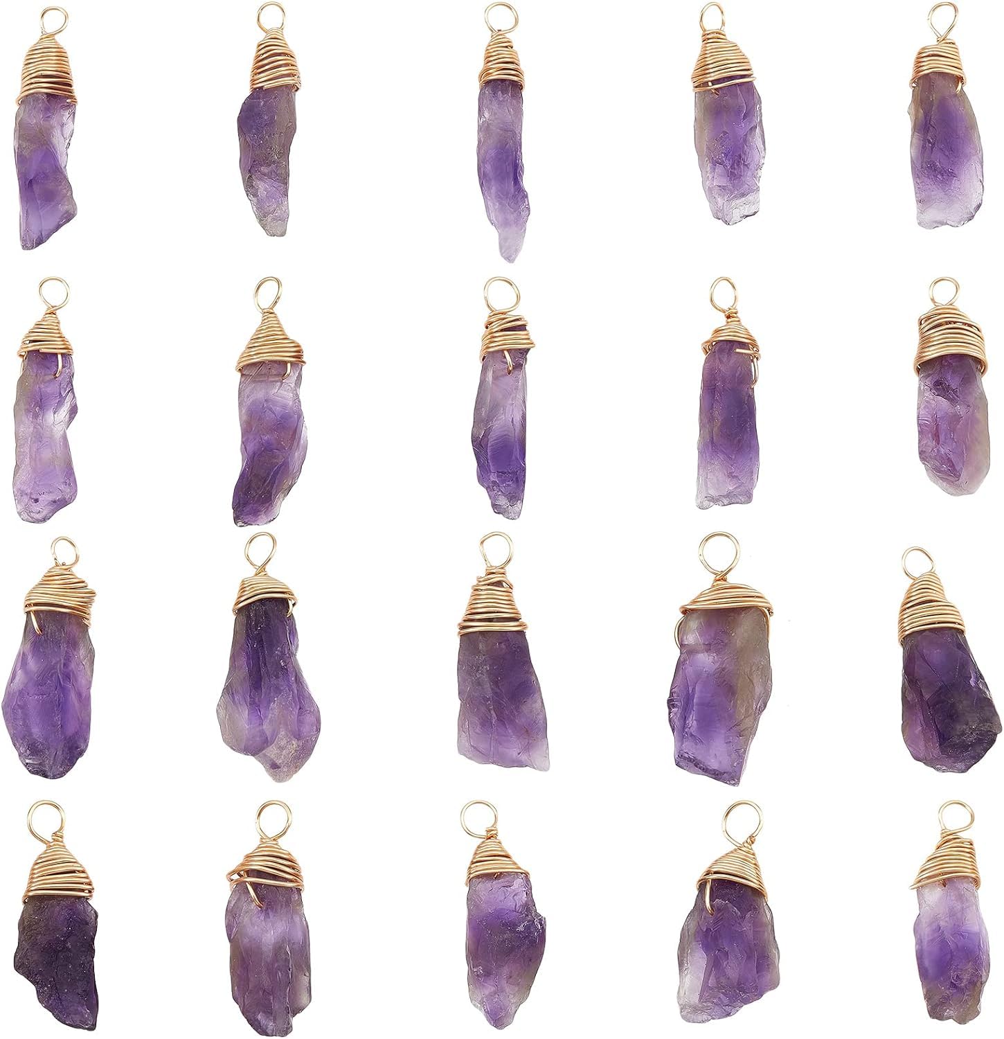 FINGERINSPIRE 20 Pcs Natural Amethyst Crystal Pendant Real 18K Gold Plated Wire Wrapped Amethyst Crystal Gemstone Pendant Without Chain Irregular Natural Gemstone Pendant for Jewelry Making