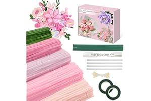 ANYANGJIA 500 Pcs Pipe Cleaners Craft，5 Colors Pipe Cleaners Bulk,Chenille Stems Flowers Craft kit for DIY Handmade Bouquet Wrapping Party Decorations whit Ribbons，Stems,Tape，Stamens, Glue Sticks (Pink)