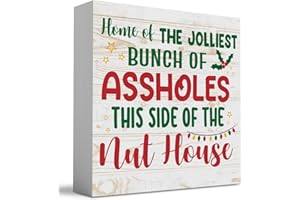 WRSUNT Funny Merry Christmas Home of the Jolliest Wood Box Sign, Farmhouse Christmas Santa Artwork Decor, Wood Square Sign Desk Block Signs Home Shelf Office Decoration 5 x 5 Inches