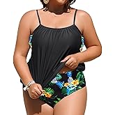 Daci Women Plus Size Tankini Swimsuit Two Piece Tummy Control Bathing Suit Blouson Tankini Top with Bottom