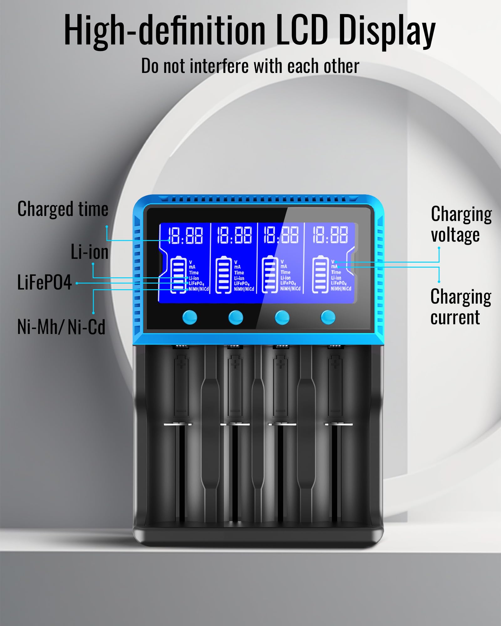 Universal Akku Ladegerät, 18650 Akku Ladegerätmit 4 Schacht, LCD Smart Schnell Aufladen Batterieladegerät für NI-MH NI-CD AA AAA Li-Ion LiFePO4 IMR 10440 14500 16340 18650 RCR123 26650 3