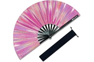 Raveahem Large Rave Fan, Clack Folding Hand Fan with Premium Fabric, Thick Bamboo Frame for Men Women Gift for EDM, Festival, Club, Party, Dance, Decoration (Lridescent Pink, 13")