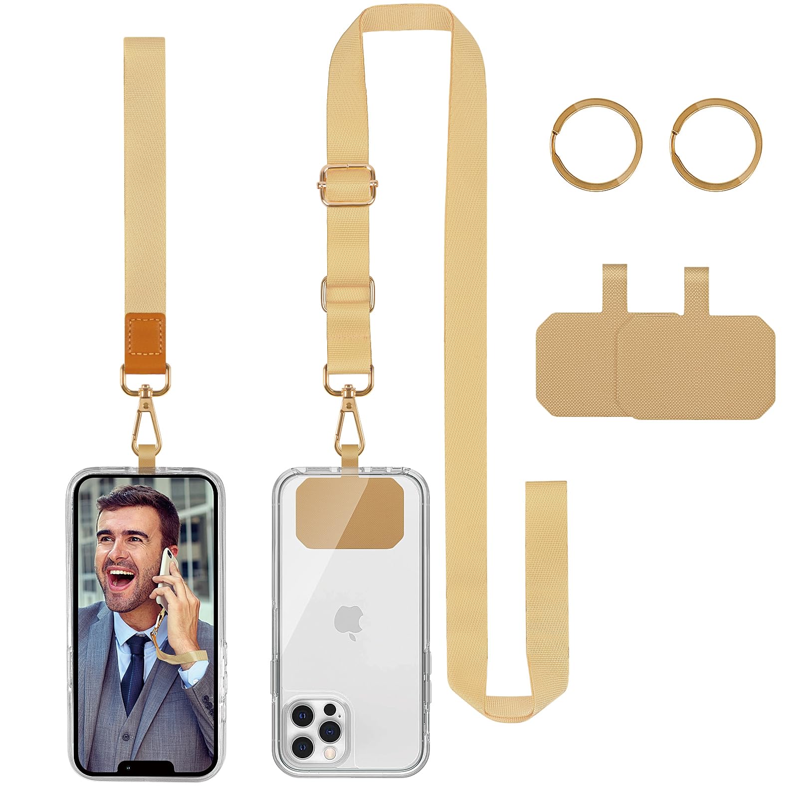 DGHYDZ Cell Phone Lanyard, Universal Crossbody Lanyards Adjustable Shoulder Neck Strap with wrist lanyard, 2 Key Rings, 2 Phone Tether Pads Compatible Most Smartphones (10-Light yellow)