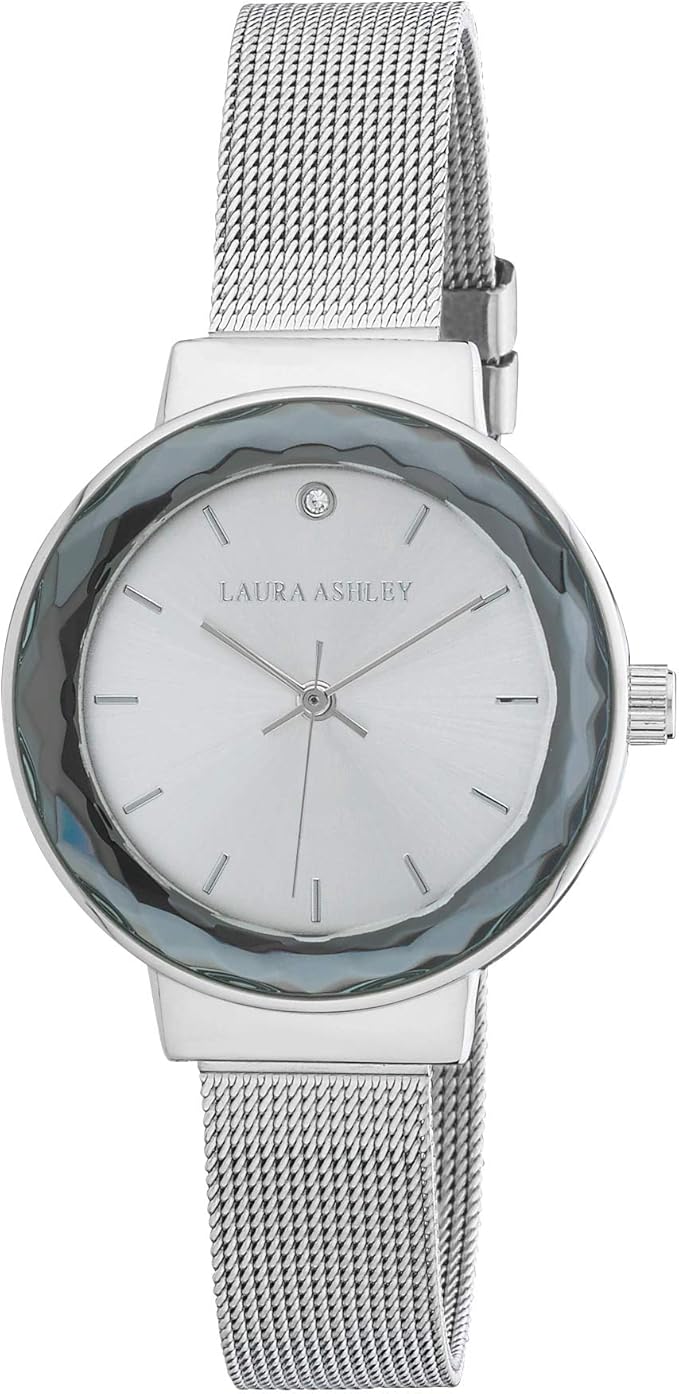 Laura Ashley Ladies LA31044SS Silver Facet Bezel Sunray Dial Mesh Watch Laura