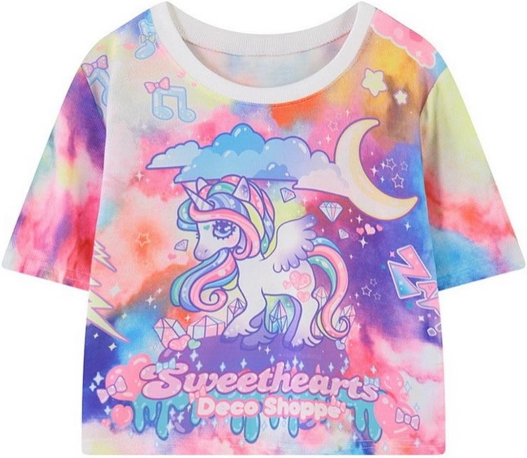 Unicorn Sweet Cute Emoji Crop Tops Shirts Top Tank Short Sleeve (Free Size)