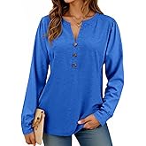 Cicy Bell Womens Puff Long Sleeve Henley Shirts Trendy Casual V Neck Button Up Tunic Tops Loose Fit Basic Tees